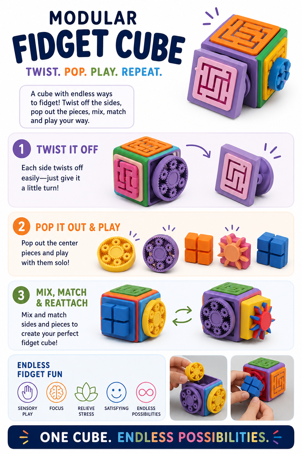 The Tween Space Modular Fidget Cube — Swappable Sensory Toy | 4 Inch