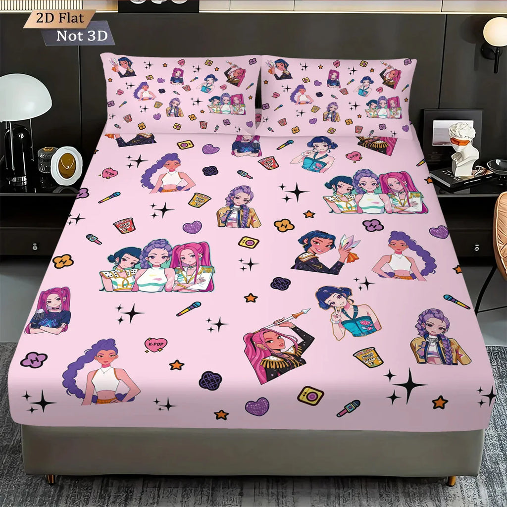 3-Piece K-Pop Demon Hunters Print Fitted Sheet Set – Multiple Sizes for Dorms & Bedrooms, Machine Washable