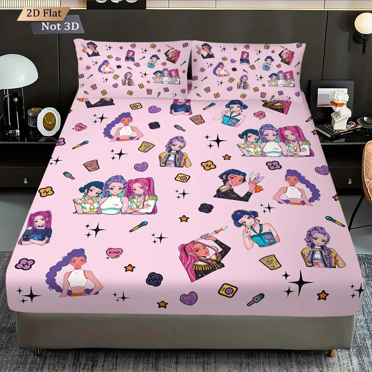 3-Piece K-Pop Demon Hunters Print Fitted Sheet Set – Multiple Sizes for Dorms & Bedrooms, Machine Washable