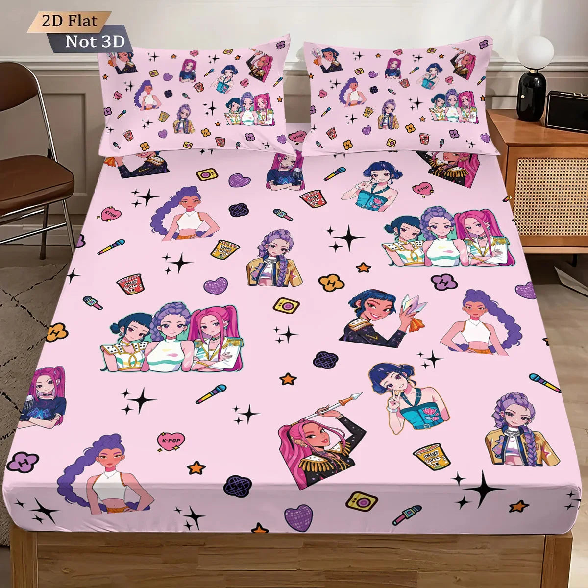 3-Piece K-Pop Demon Hunters Print Fitted Sheet Set – Multiple Sizes for Dorms & Bedrooms, Machine Washable