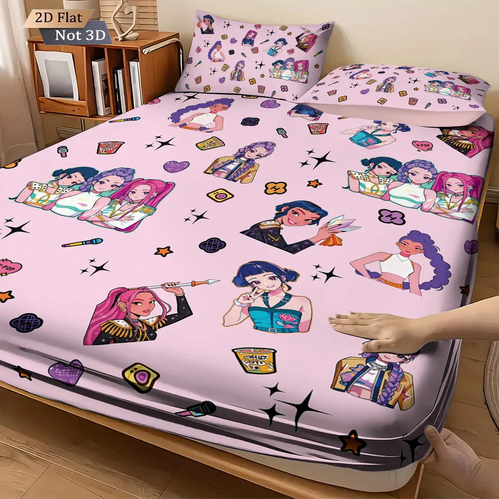 3-Piece K-Pop Demon Hunters Print Fitted Sheet Set – Multiple Sizes for Dorms & Bedrooms, Machine Washable