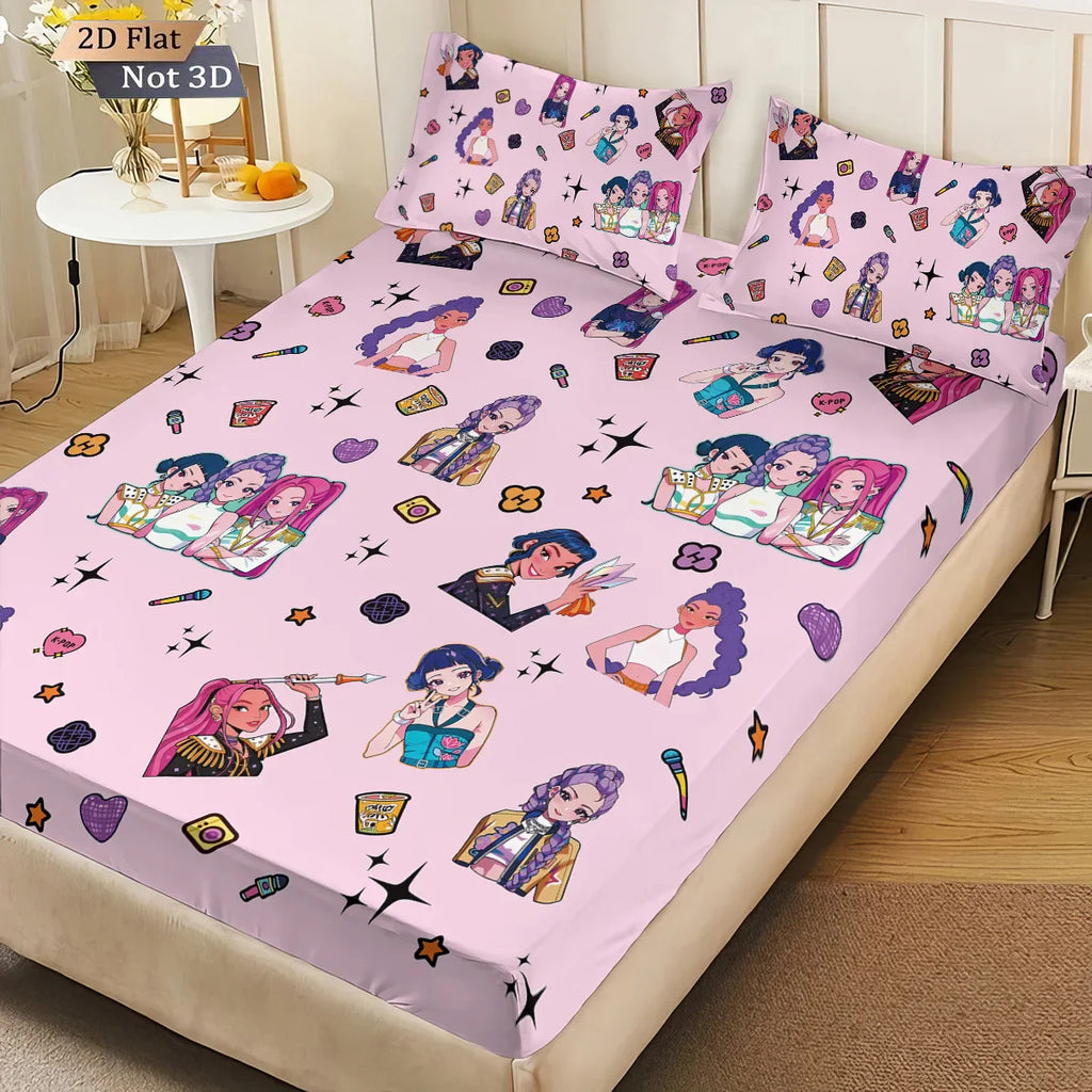 3-Piece K-Pop Demon Hunters Print Fitted Sheet Set – Multiple Sizes for Dorms & Bedrooms, Machine Washable