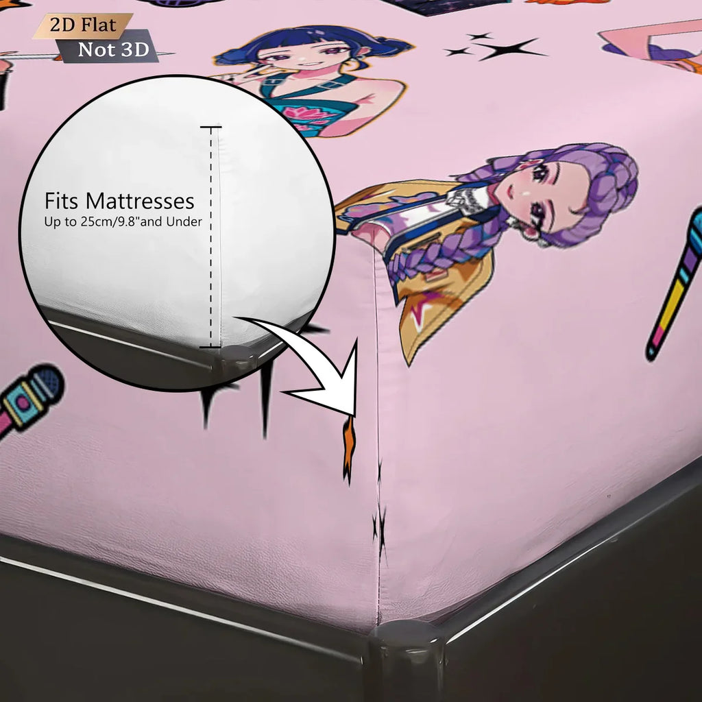 3-Piece K-Pop Demon Hunters Print Fitted Sheet Set – Multiple Sizes for Dorms & Bedrooms, Machine Washable